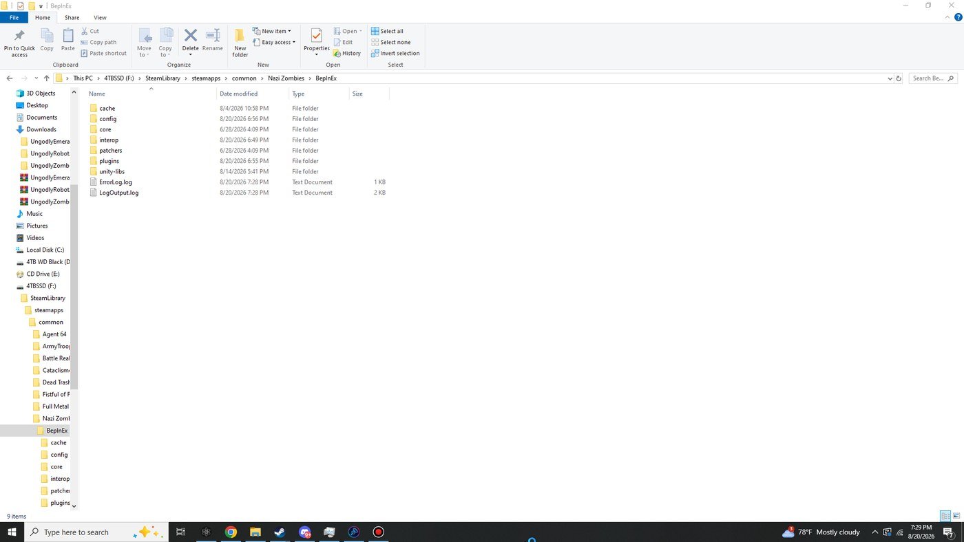 Windows Explorer showing the BepInEx folder containing cache, config, core, interop, patchers, plugins and unity-libs folders plus two log files