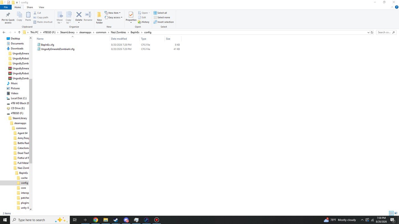 Windows Explorer showing the config folder containing BepInEx.cfg and UngodlyEmeraldZombieAI.cfg