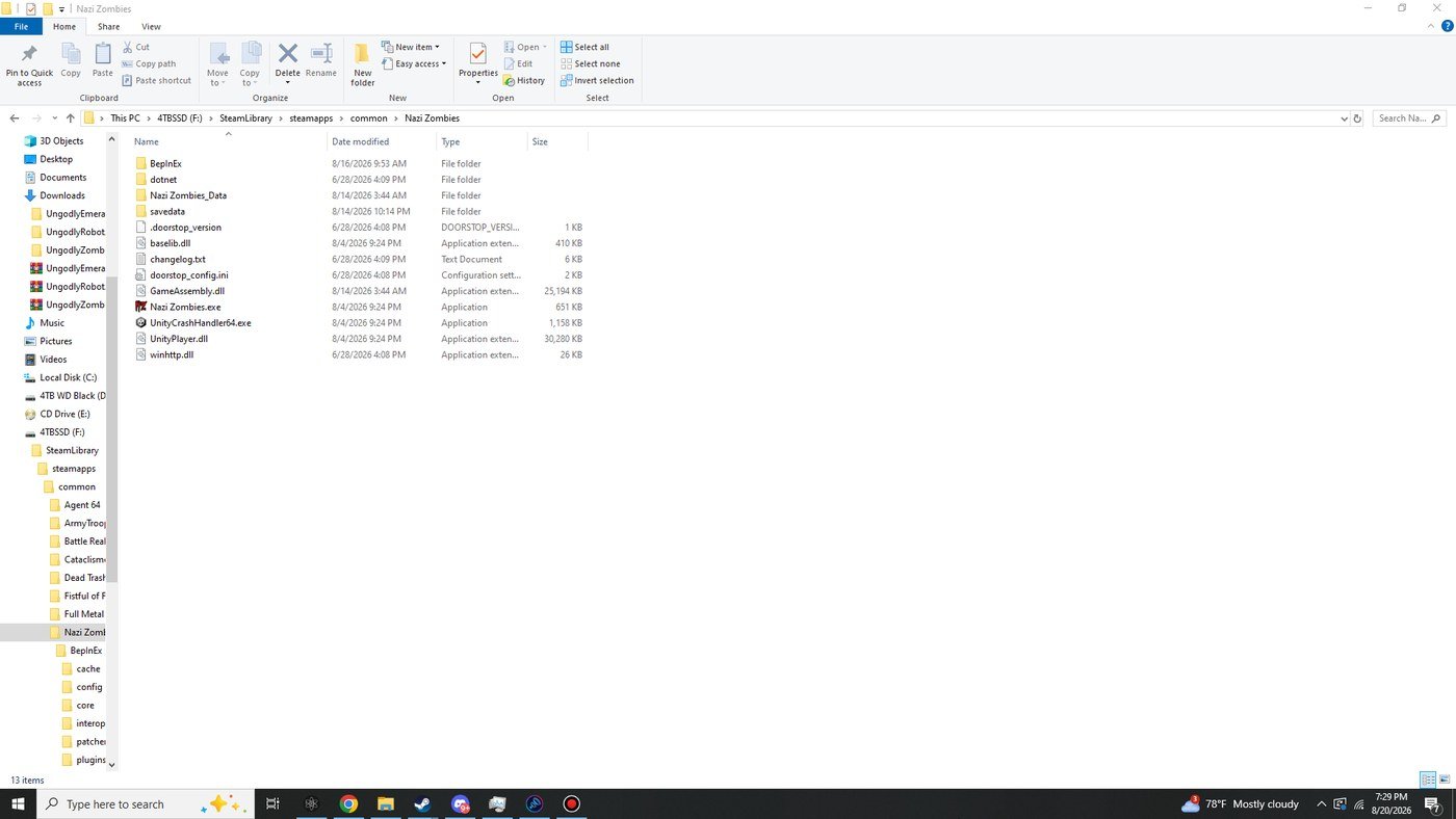 Windows Explorer showing the Nazi Zombies game folder containing a BepInEx folder, dotnet folder, doorstop_config.ini, winhttp.dll and the game executable