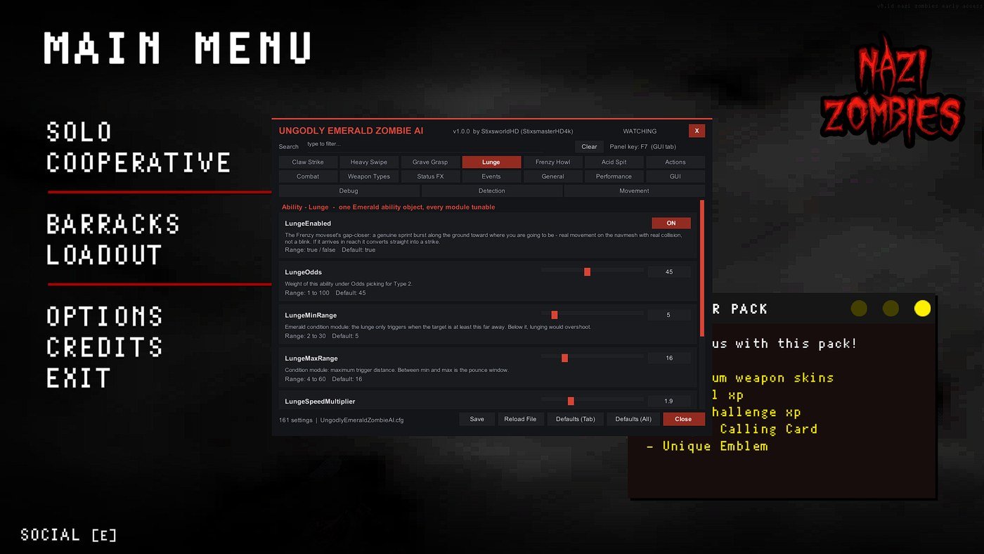 The Ungodly Emerald Zombie AI settings panel open over the game main menu, showing ability tabs and sliders for the Lunge ability