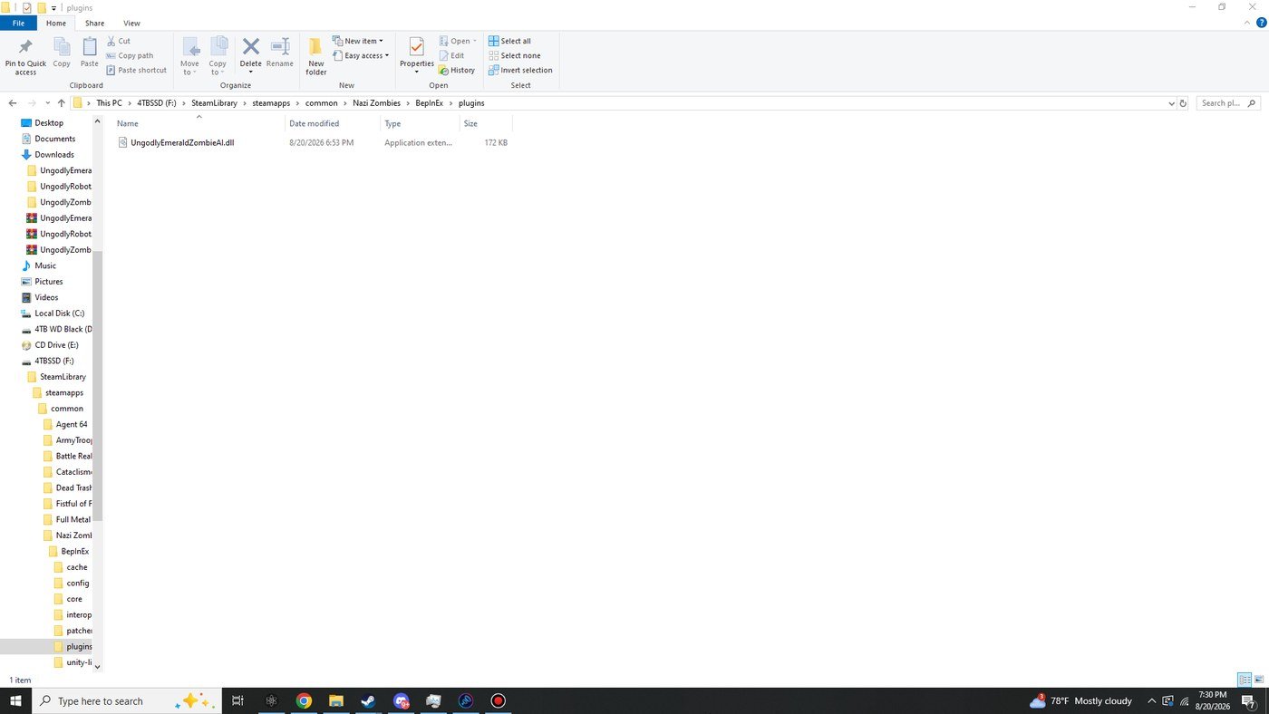 Windows Explorer showing the plugins folder containing UngodlyEmeraldZombieAI.dll, sized 172 KB